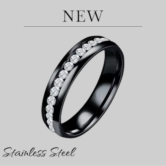 New Stainless Steel Unisex Engagement Ring Black or Gold Band CZ Row Inlay - Picture 2 of 9